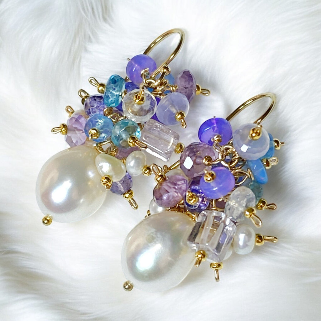 Gemstone Cluster Pearl Earrings Amethyst Iolite Gold Post