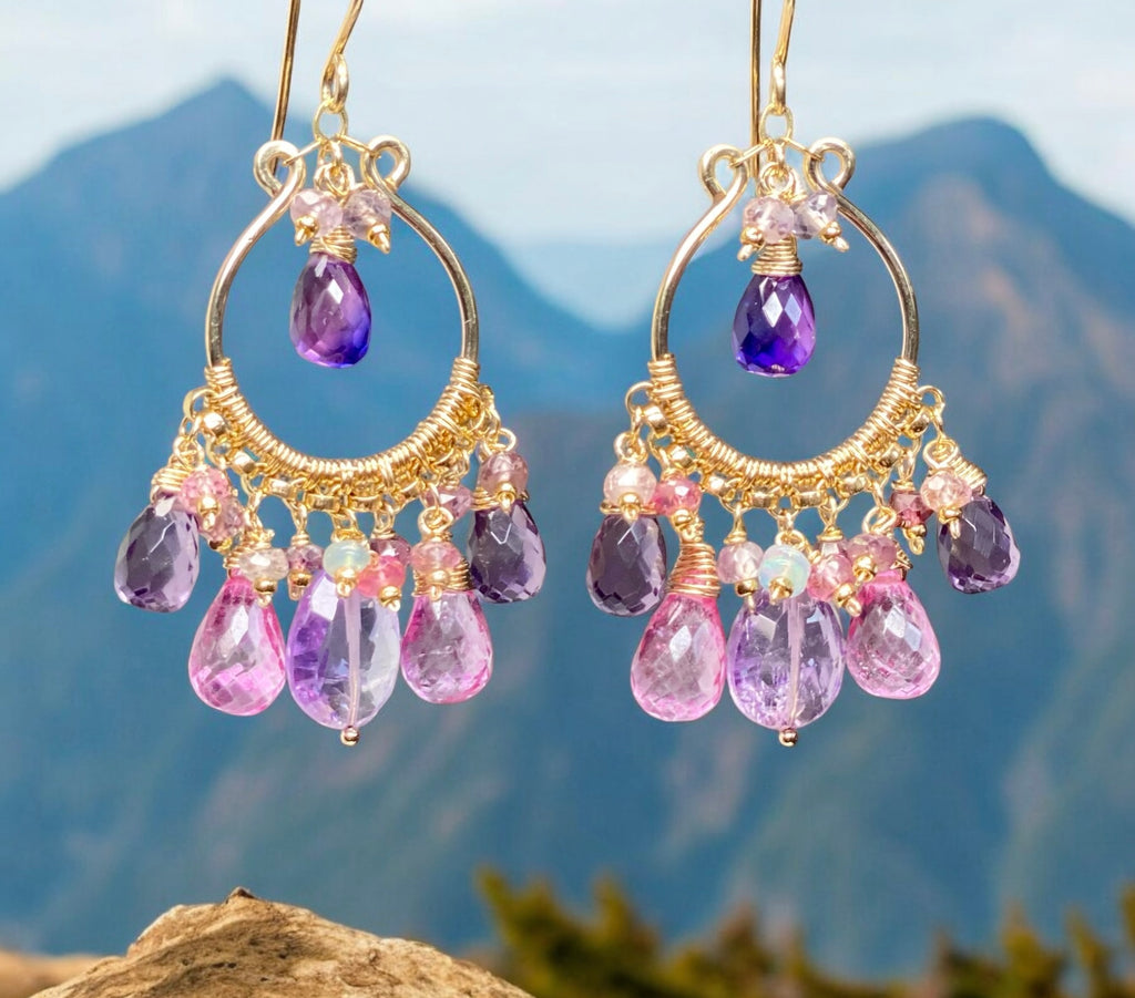 Gemstone Statement Chandelier Earrings in Pink, Lavender, Violet 2