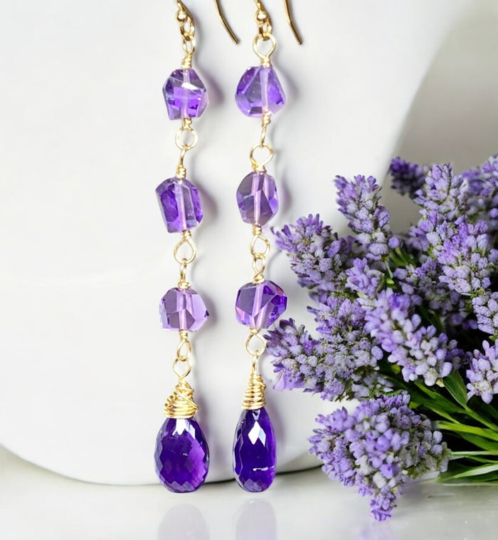 Amethyst Gemstone Nugget Dangle Earrings 14 kt Gold Fill 2