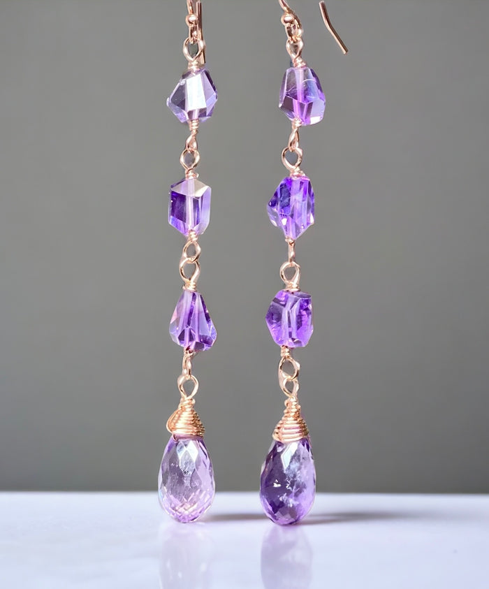 Amethyst Gemstone Nugget Dangle Earrings Rose Gold Fill 2