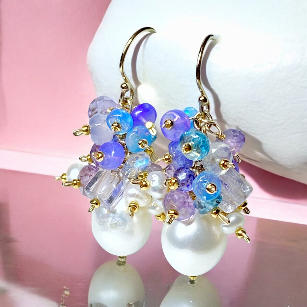 Gemstone Cluster Pearl Earrings Amethyst Iolite Gold Post