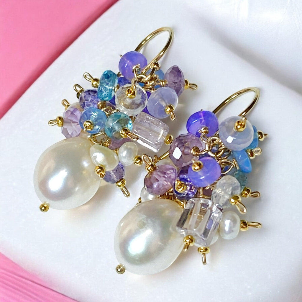 Gemstone Cluster Pearl Earrings Amethyst Iolite Gold Post