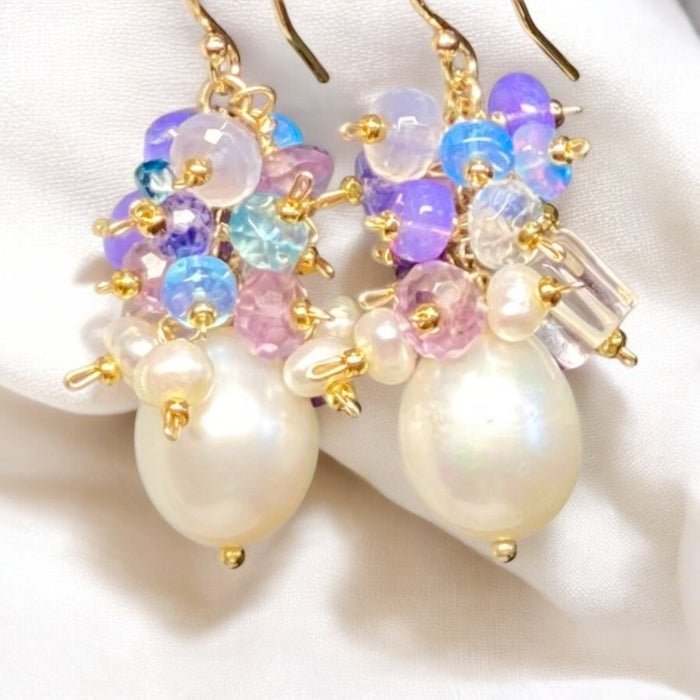 Gemstone Cluster Pearl Earrings Amethyst Iolite Gold Post