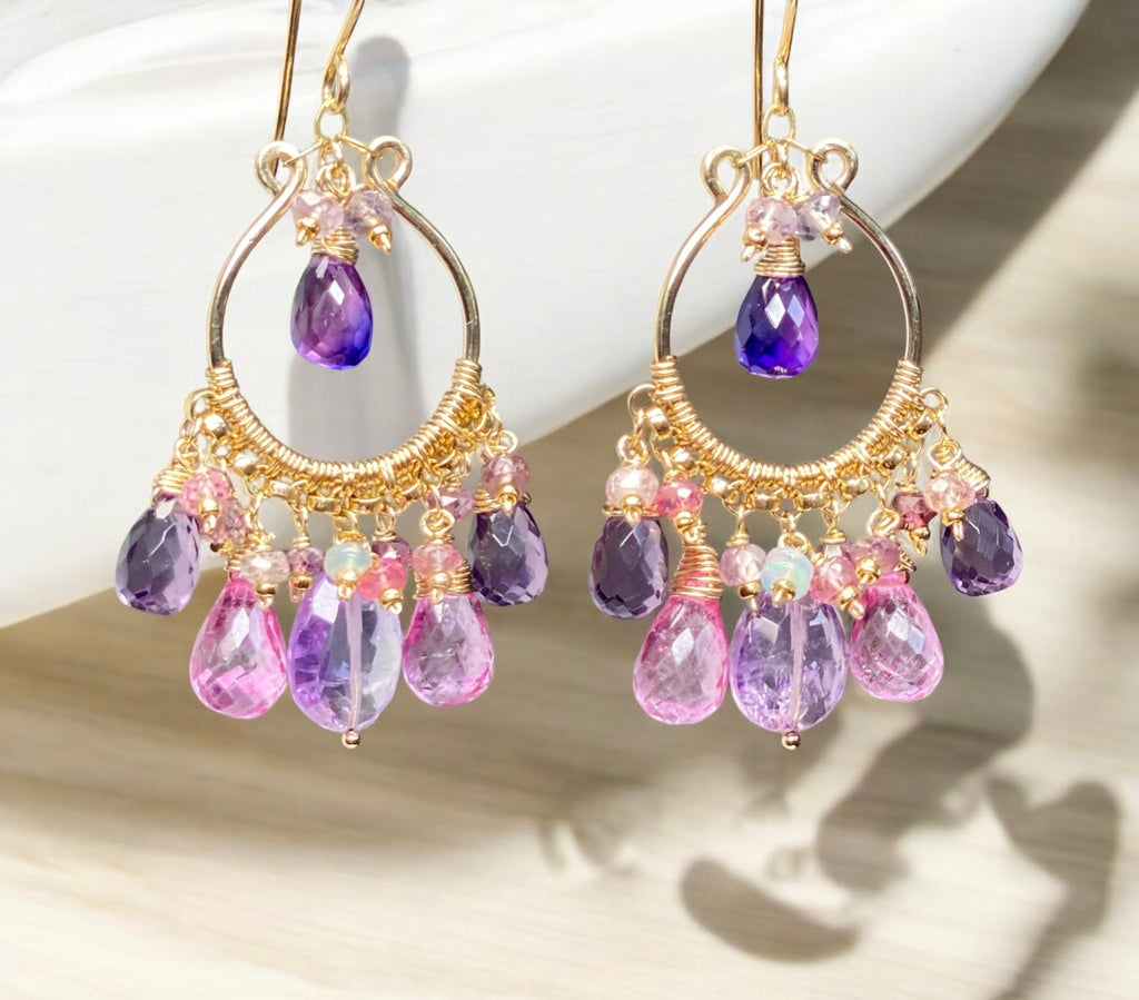 Gemstone Statement Chandelier Earrings in Pink, Lavender, Violet 2