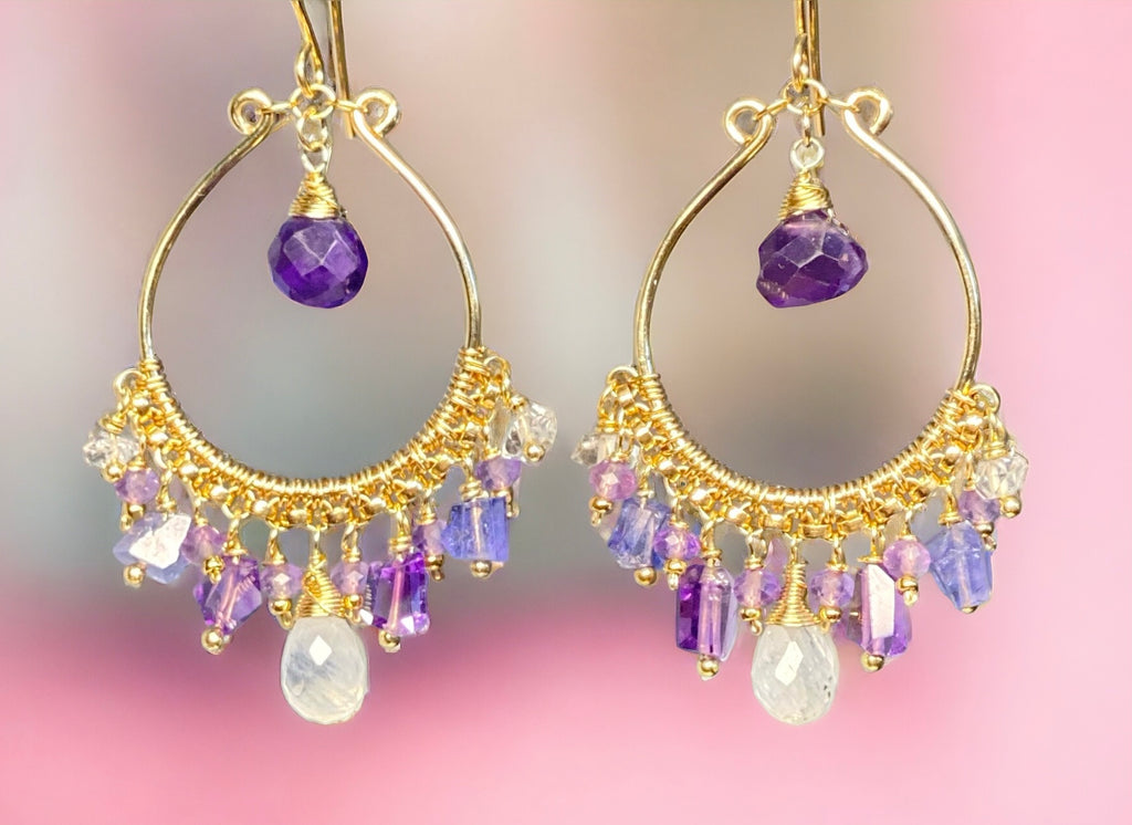 Blue Violet Purple Gold Fill Hoop Chandelier Earrings with Moonstone