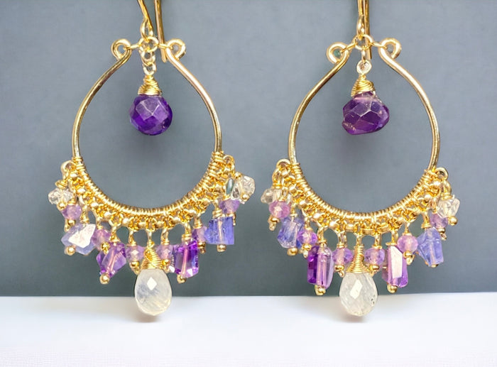 blue violet purple gold fill hoop chandelier earrings with moonstone