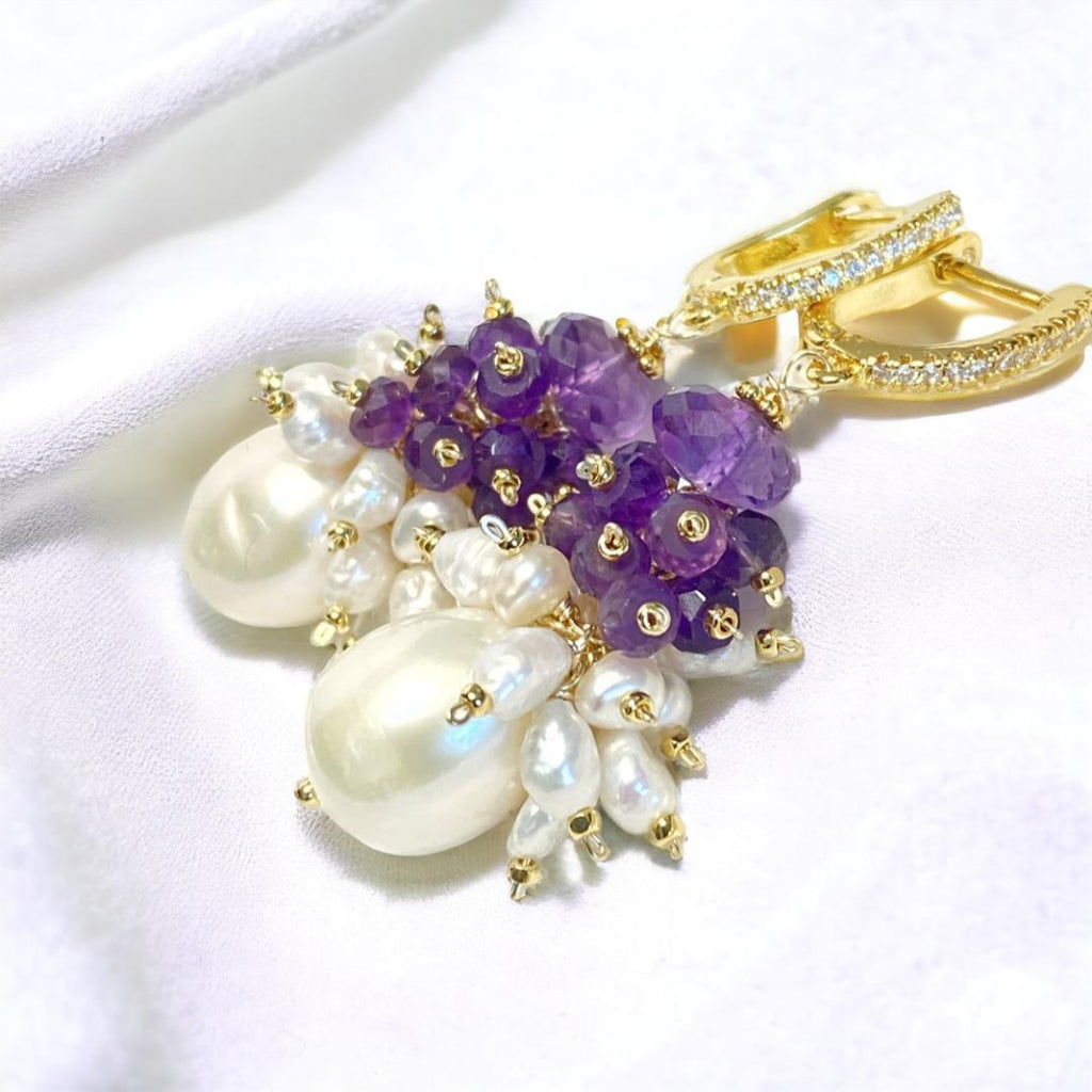 Amethyst Cluster Ivory Baroque Pearl Earrings