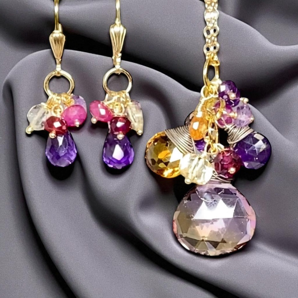 Ametrine Pendant Necklace Set and Amethyst Dangle Earrings - Doolittle