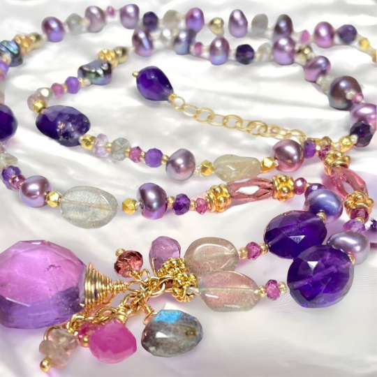 Ametrine Pendant with Pearl Gem Silk Knotted Necklace