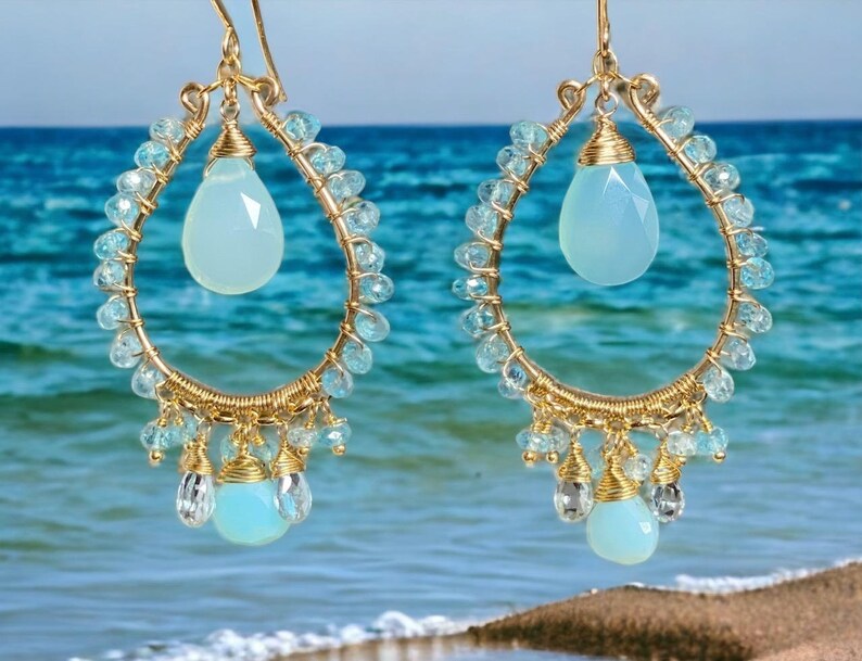 Aqua Chalcedony Gold Fill Hoop Chandelier Earrings with Apatite