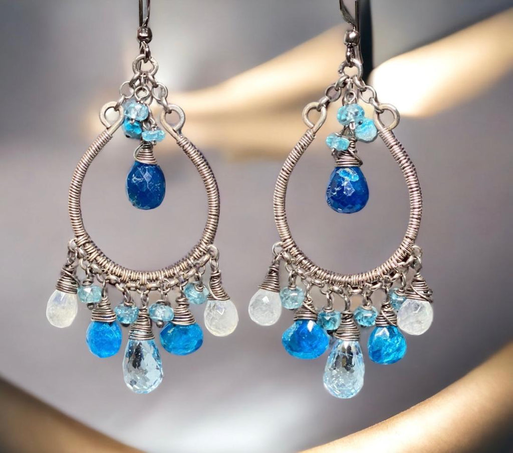 Rainbow Moonstone Hoop Chandelier Earrings Oxidized Silver Blue Topaz Teal Apatite