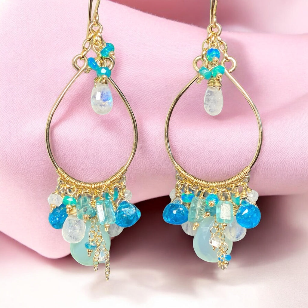 Aqua and Moonstone Statement Hoop Chandelier Earrings Gold