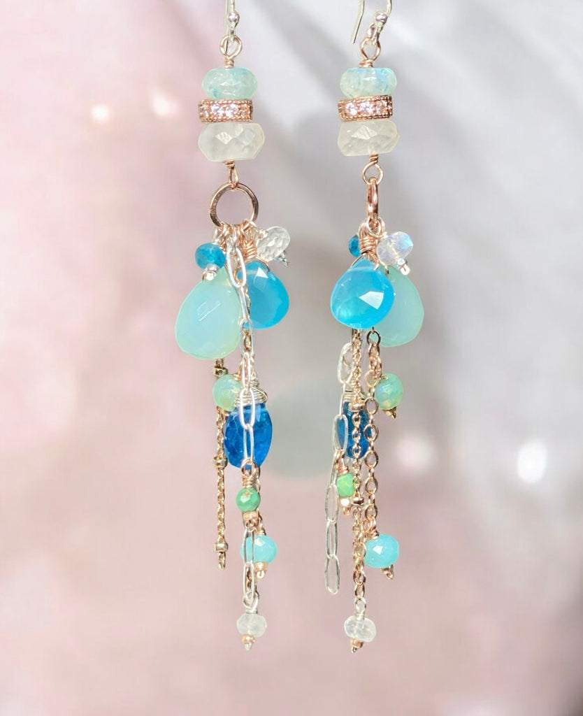 Long Boho Dangle Earrings with Aqua and Blue Chalcedony Mixed Metals