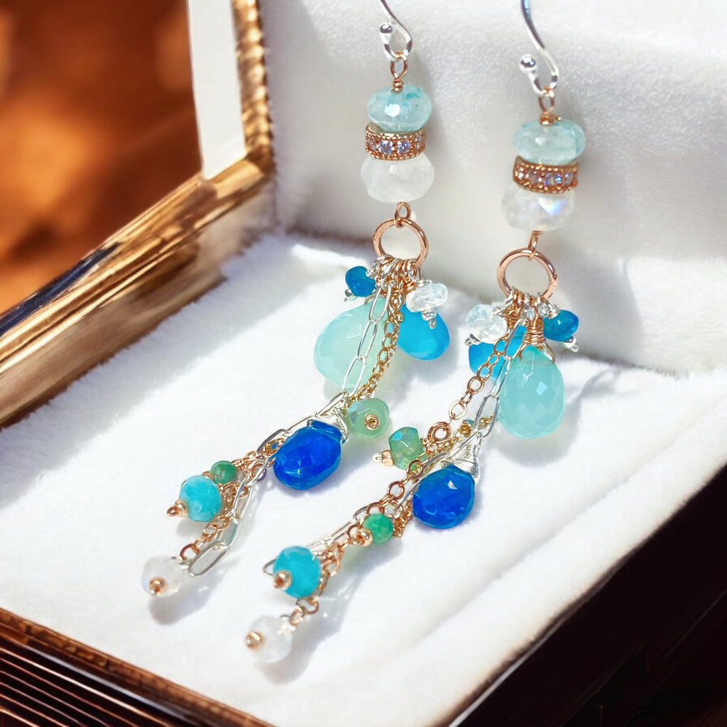 Long Boho Dangle Earrings with Aqua and Blue Chalcedony Mixed Metals