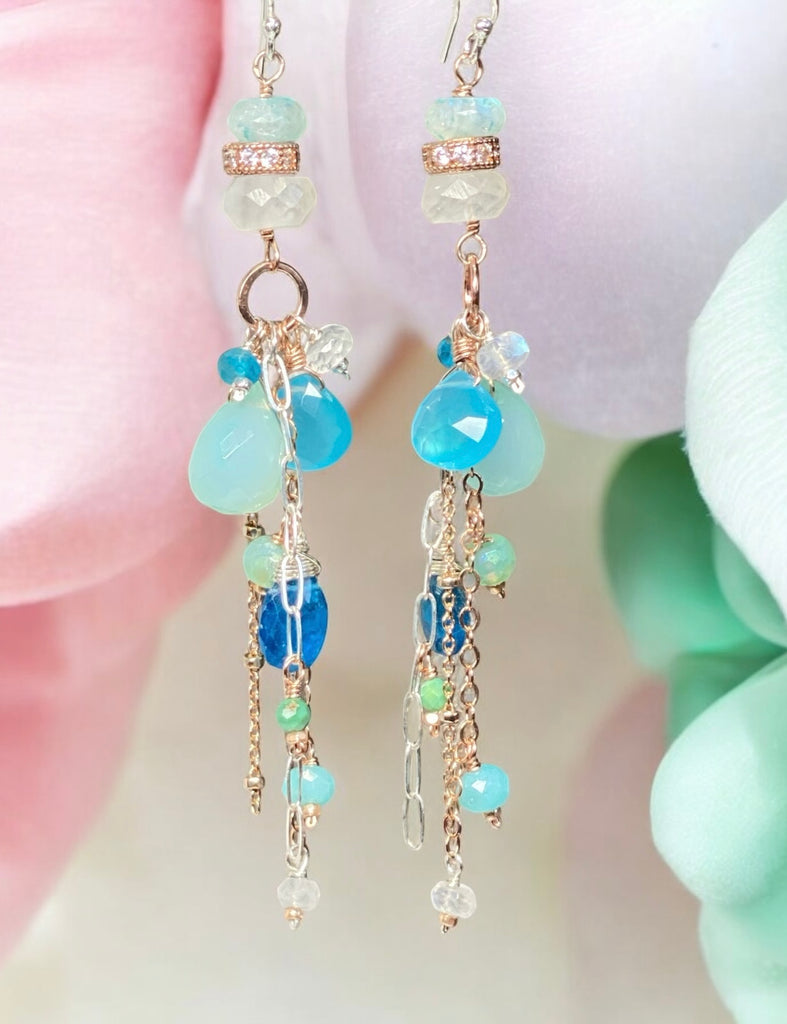 Long Boho Dangle Earrings with Aqua and Blue Chalcedony Mixed Metals