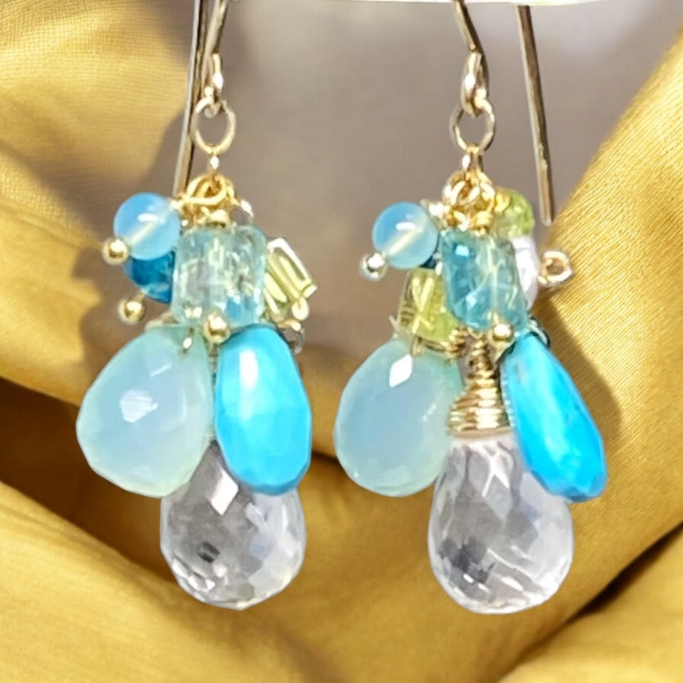 Aqua Gold Filled Dangle Earrings Crystal Quartz & Turquoise