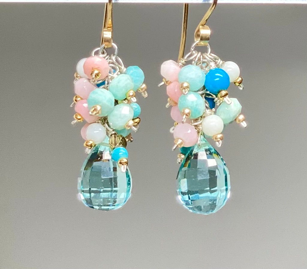 Aqua Quartz Multi Gem Cluster Earrings Mixed Metals