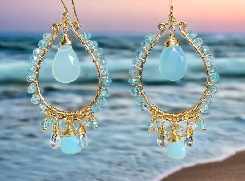 Aqua Chalcedony Gold Fill Hoop Chandelier Earrings with Apatite