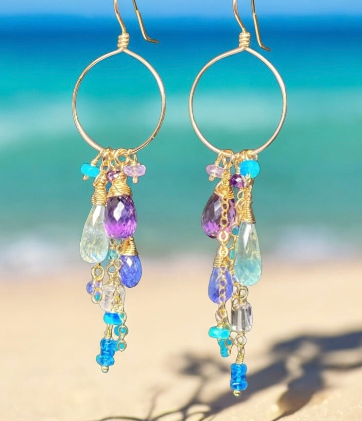 Amethyst Aquamarine Tanzanite Gold Dangle Gold Fill Hoop Earrings