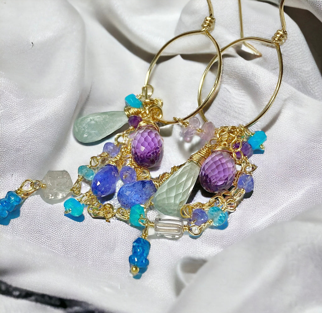 Amethyst Aquamarine Tanzanite Gold Dangle Gold Fill Hoop Earrings