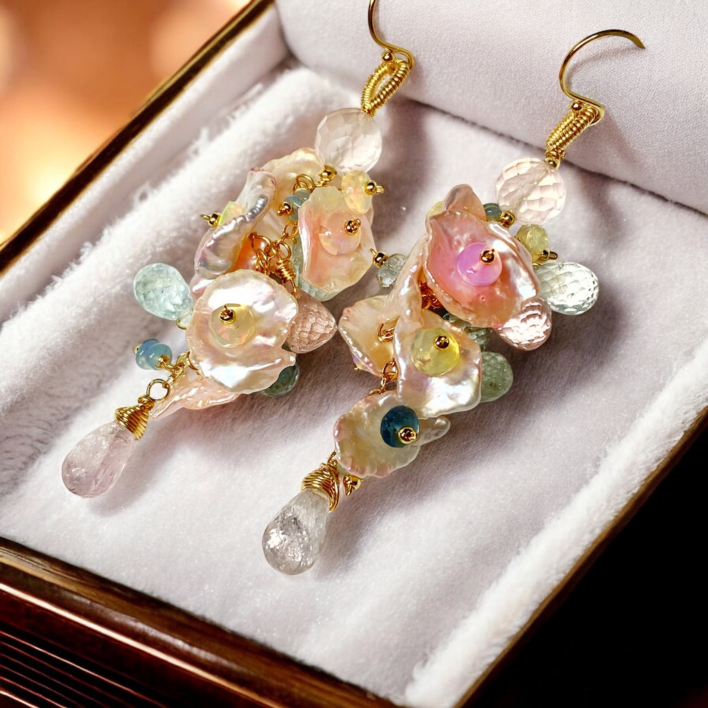 Aquamarine, Opal Gemstone and Keishi Pearl Dangle Wedding Earrings