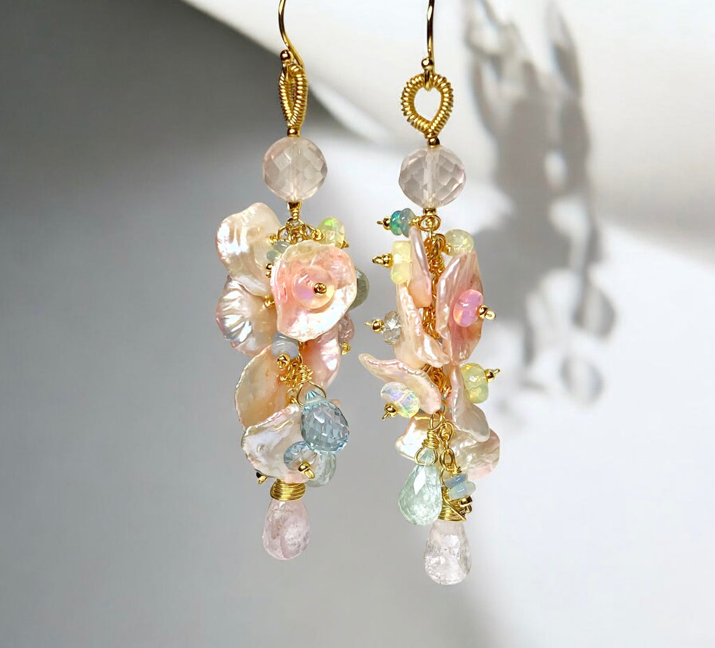 Aquamarine, Opal Gemstone and Keishi Pearl Dangle Wedding Earrings