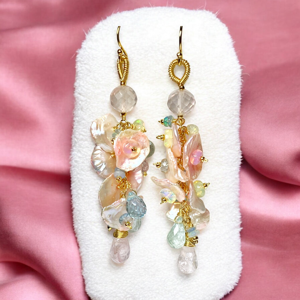 Aquamarine, Opal Gemstone and Keishi Pearl Dangle Wedding Earrings