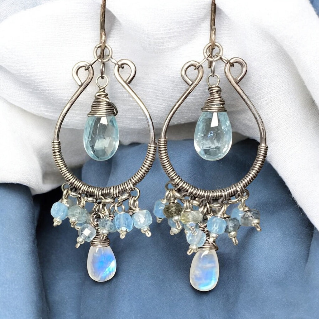 Aquamarine Oxidized Sterling Silver Hoop Chandelier Earrings