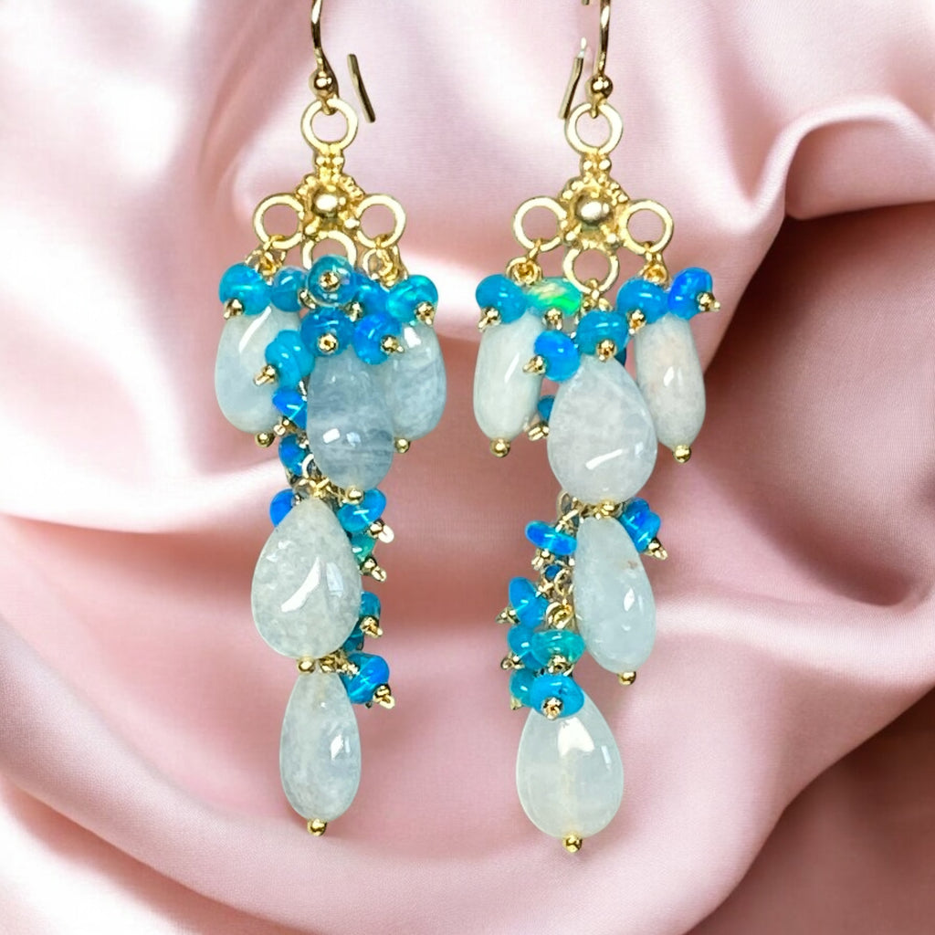 Blue Aquamarine and Teal Blue Opal Long Gem Dangle Chandelier Earrings