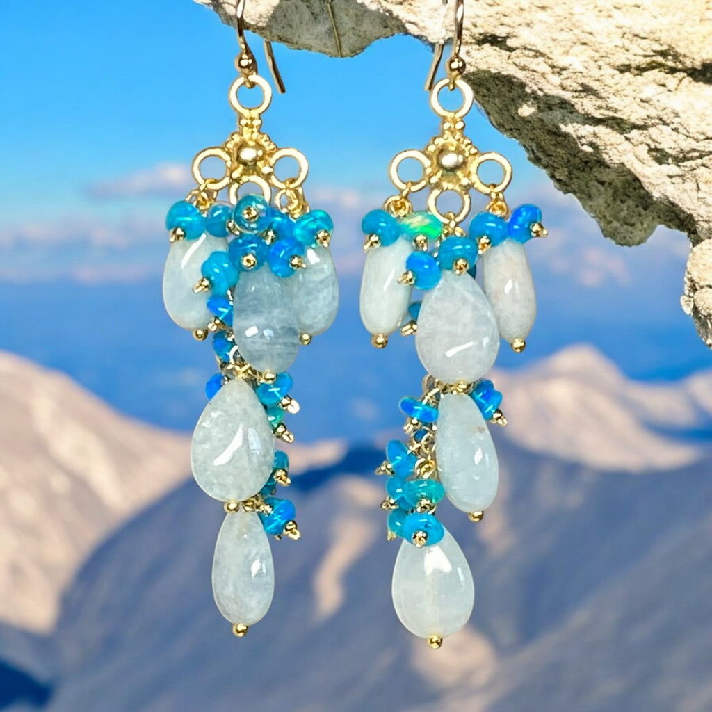 Blue Aquamarine and Teal Blue Opal Long Gem Dangle Chandelier Earrings