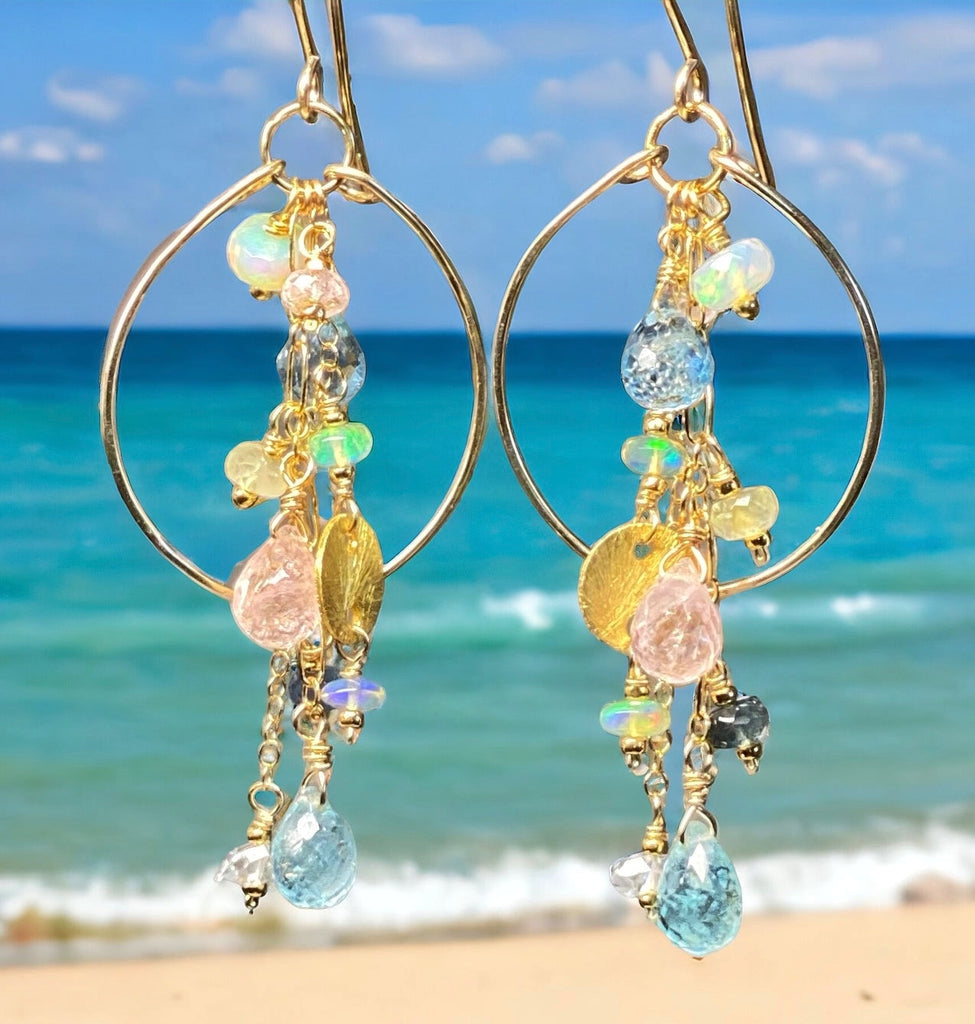 Aquamarine Gemstone Dangle Gold Fill Hoop Chandelier Earrings with Opals