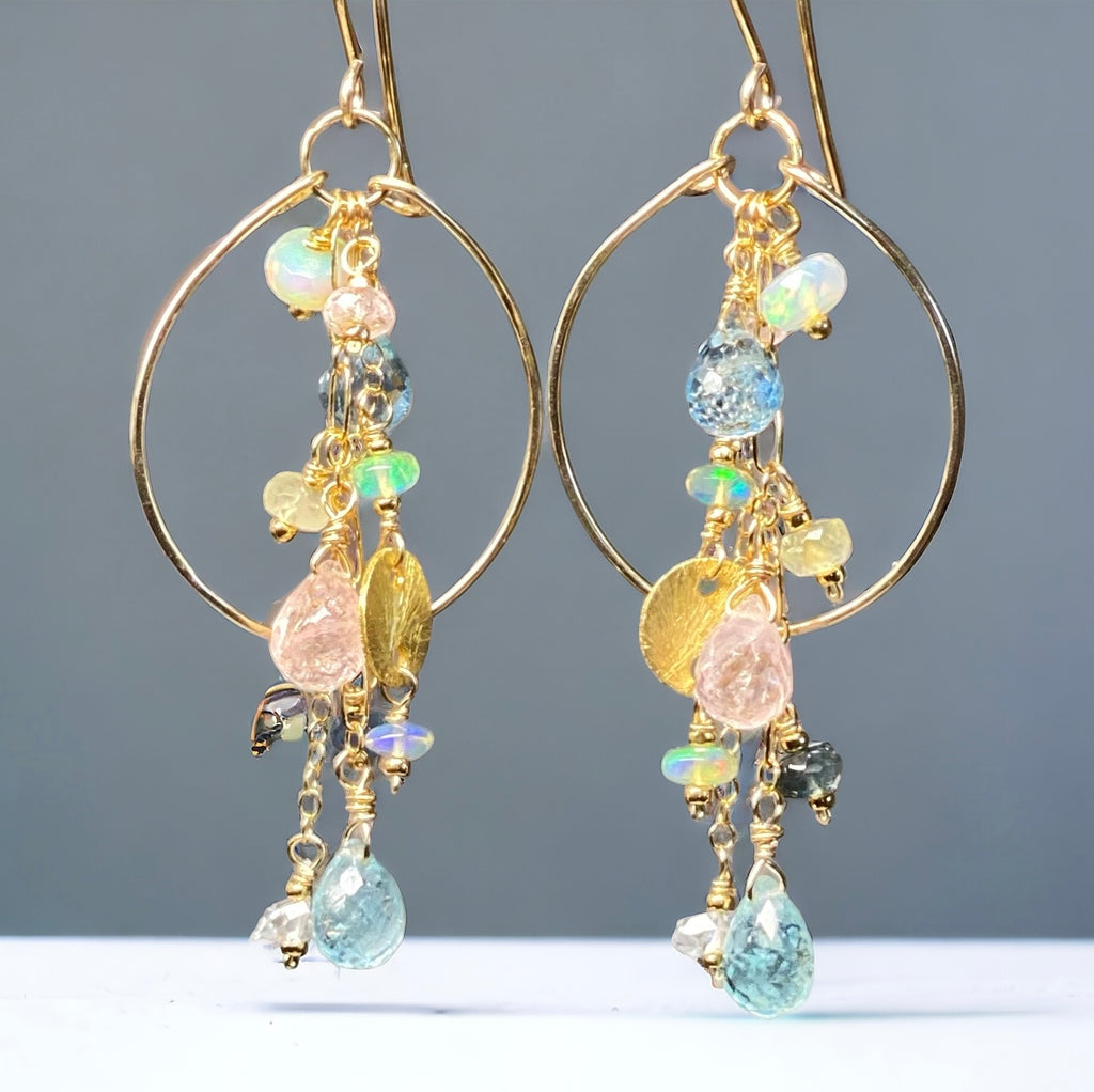 Aquamarine Gemstone Dangle Gold Fill Hoop Chandelier Earrings with Opals