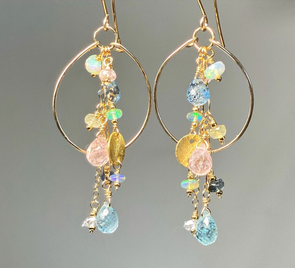 Aquamarine Gemstone Dangle Gold Fill Hoop Chandelier Earrings with Opals