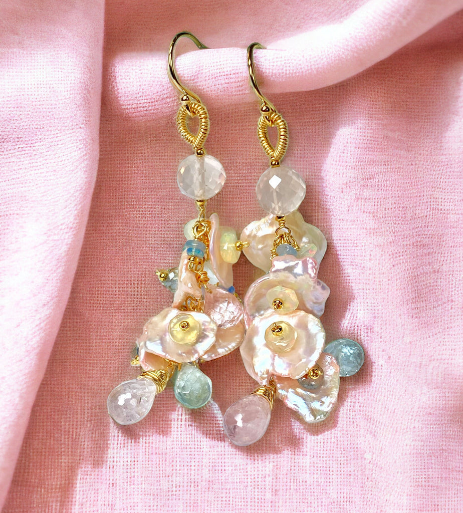 Aquamarine, Opal Gemstone and Keishi Pearl Dangle Wedding Earrings