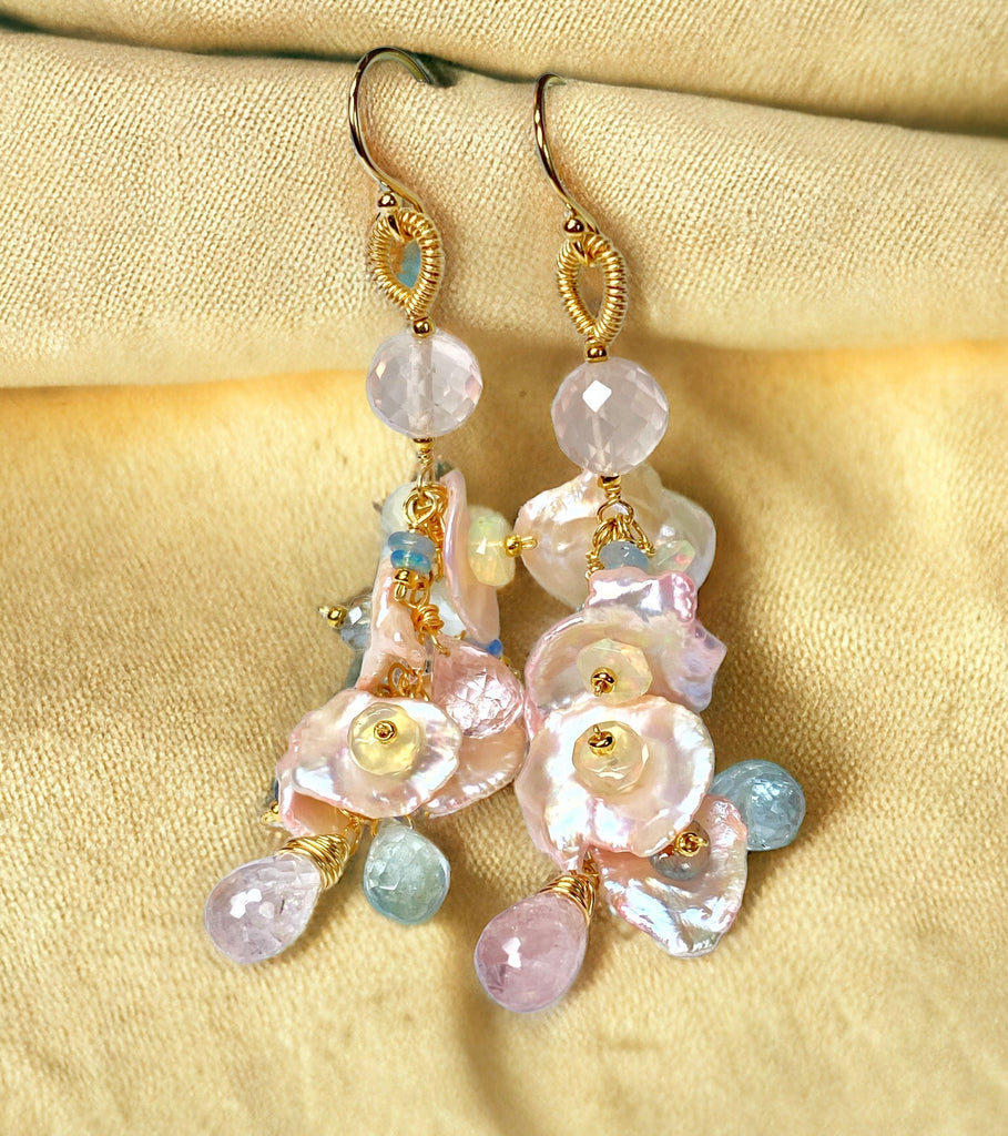 Aquamarine, Opal Gemstone and Keishi Pearl Dangle Wedding Earrings