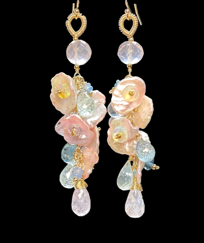 Aquamarine, Opal Gemstone and Keishi Pearl Dangle Wedding Earrings