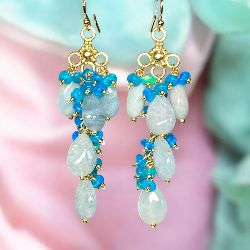 Blue Aquamarine and Teal Blue Opal Long Gem Dangle Chandelier Earrings