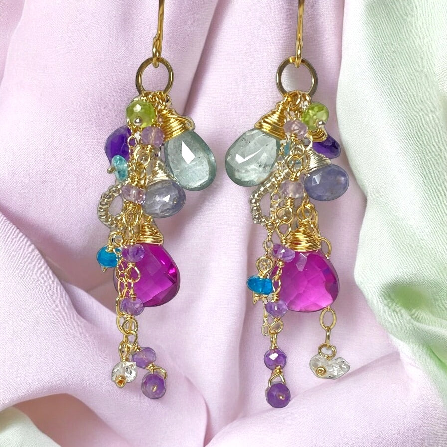 Gemstone Dangle Earrings - Moss Aquamarine, Amethyst, Violet Quartz