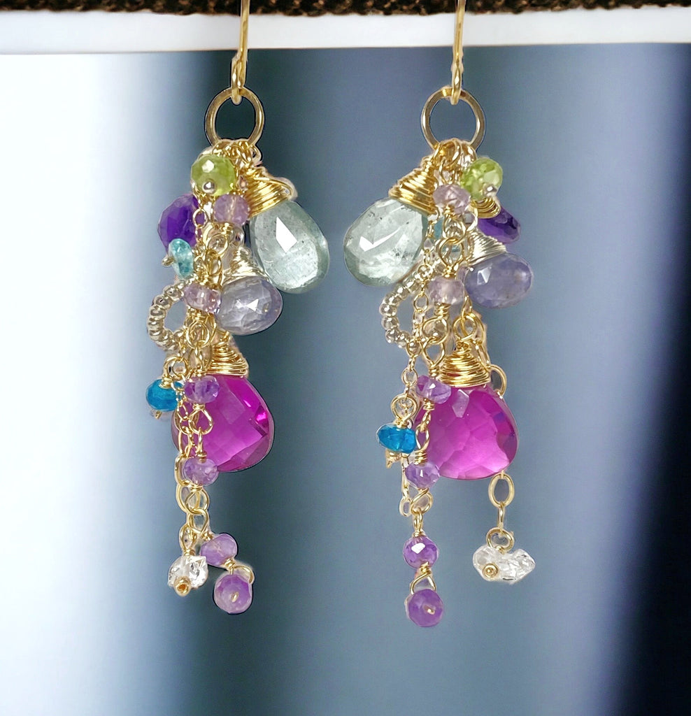 Gemstone Dangle Earrings - Moss Aquamarine, Amethyst, Violet Quartz