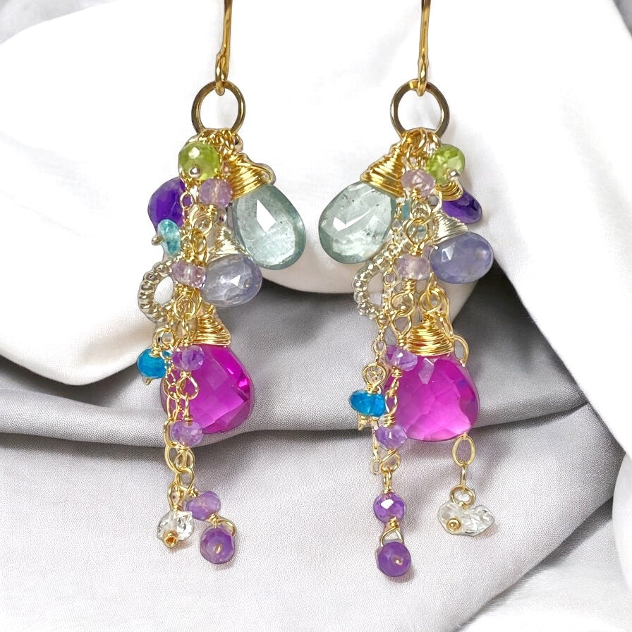 Gemstone Dangle Earrings - Moss Aquamarine, Amethyst, Violet Quartz