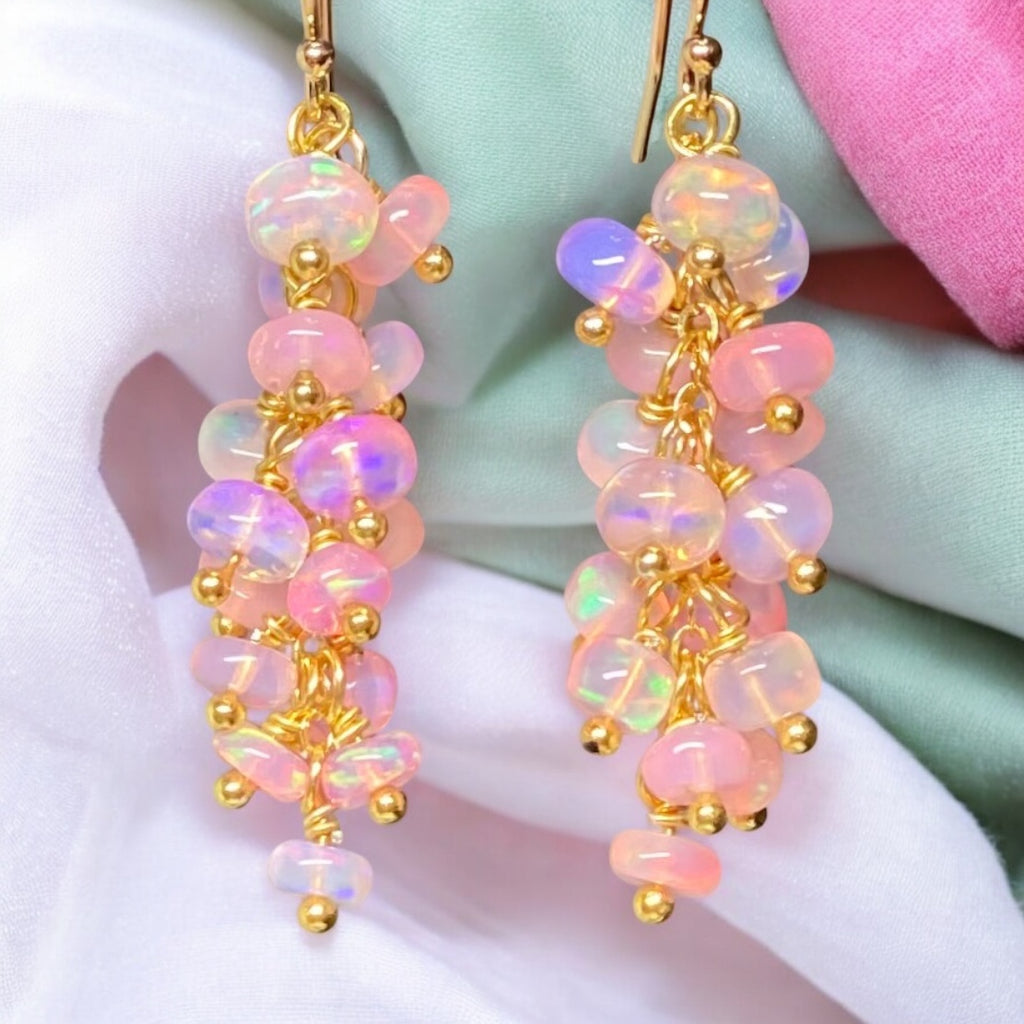 Baby Pink Ethiopian Opal Cluster Dangle Earrings Gold Fill