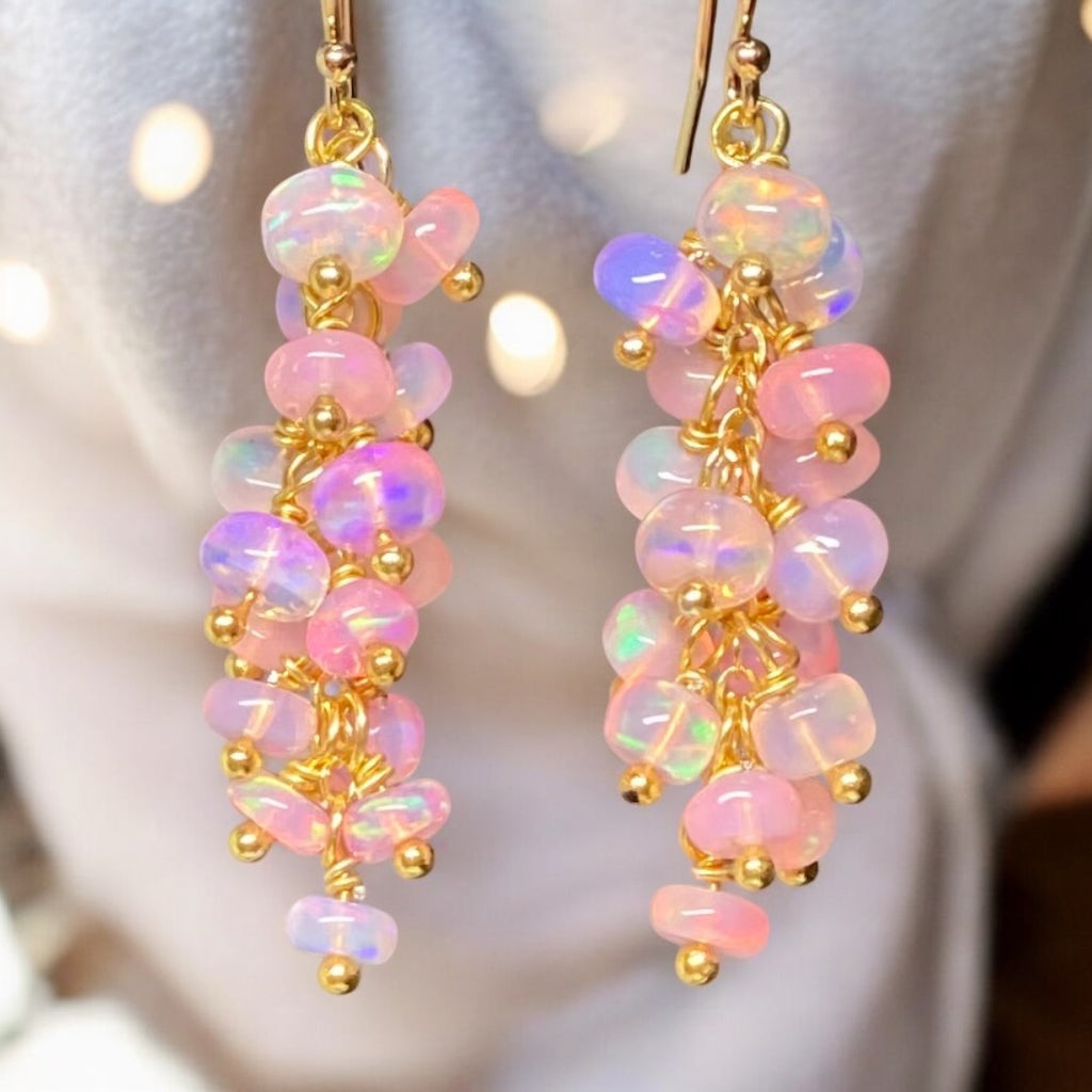 Baby Pink Ethiopian Opal Cluster Dangle Earrings Gold Fill