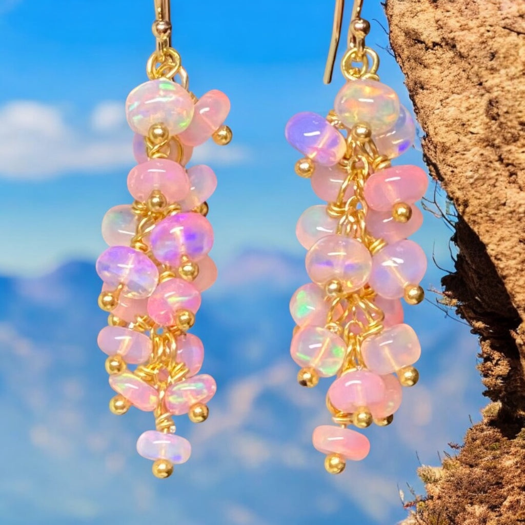 Baby Pink Ethiopian Opal Cluster Dangle Earrings Gold Fill