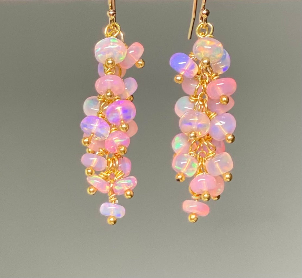 Baby Pink Ethiopian Opal Cluster Dangle Earrings Gold Fill