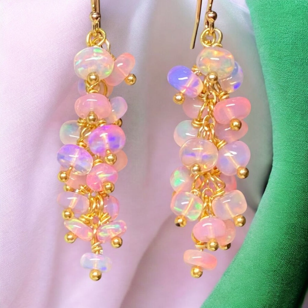 Baby Pink Ethiopian Opal Cluster Dangle Earrings Gold Fill