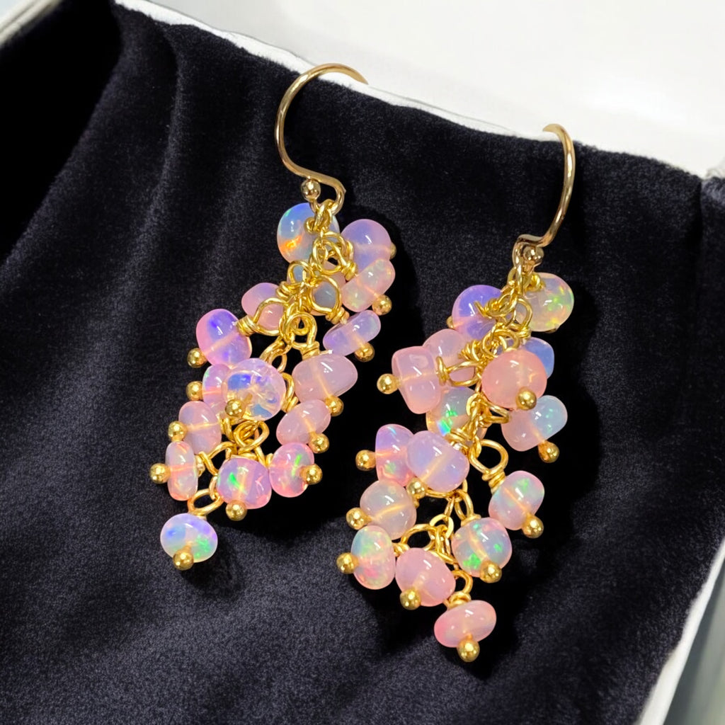 Baby Pink Ethiopian Opal Cluster Dangle Earrings Gold Fill