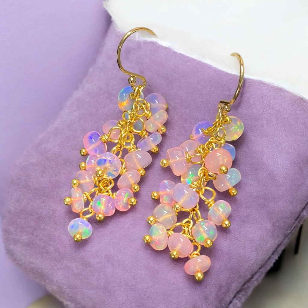 Baby Pink Ethiopian Opal Cluster Dangle Earrings Gold Fill