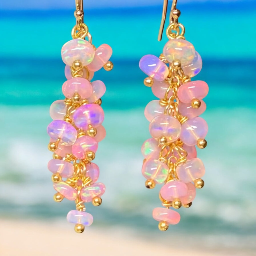 Baby Pink Ethiopian Opal Cluster Dangle Earrings Gold Fill