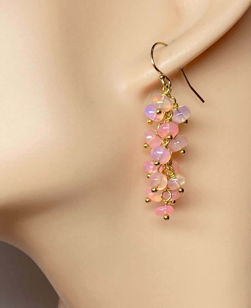 Baby Pink Ethiopian Opal Cluster Dangle Earrings Gold Fill