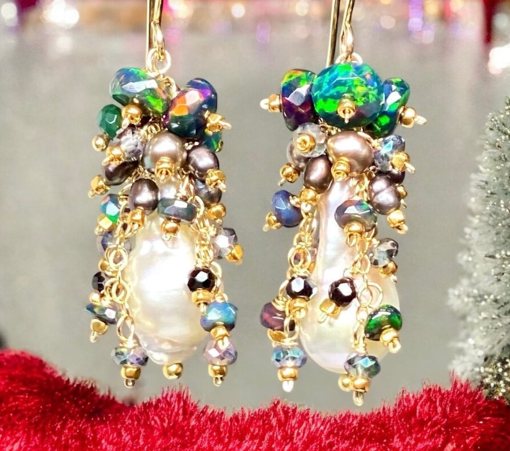 Baroque Pearl Earrings with Fiery Black Ethiopian Opals 3